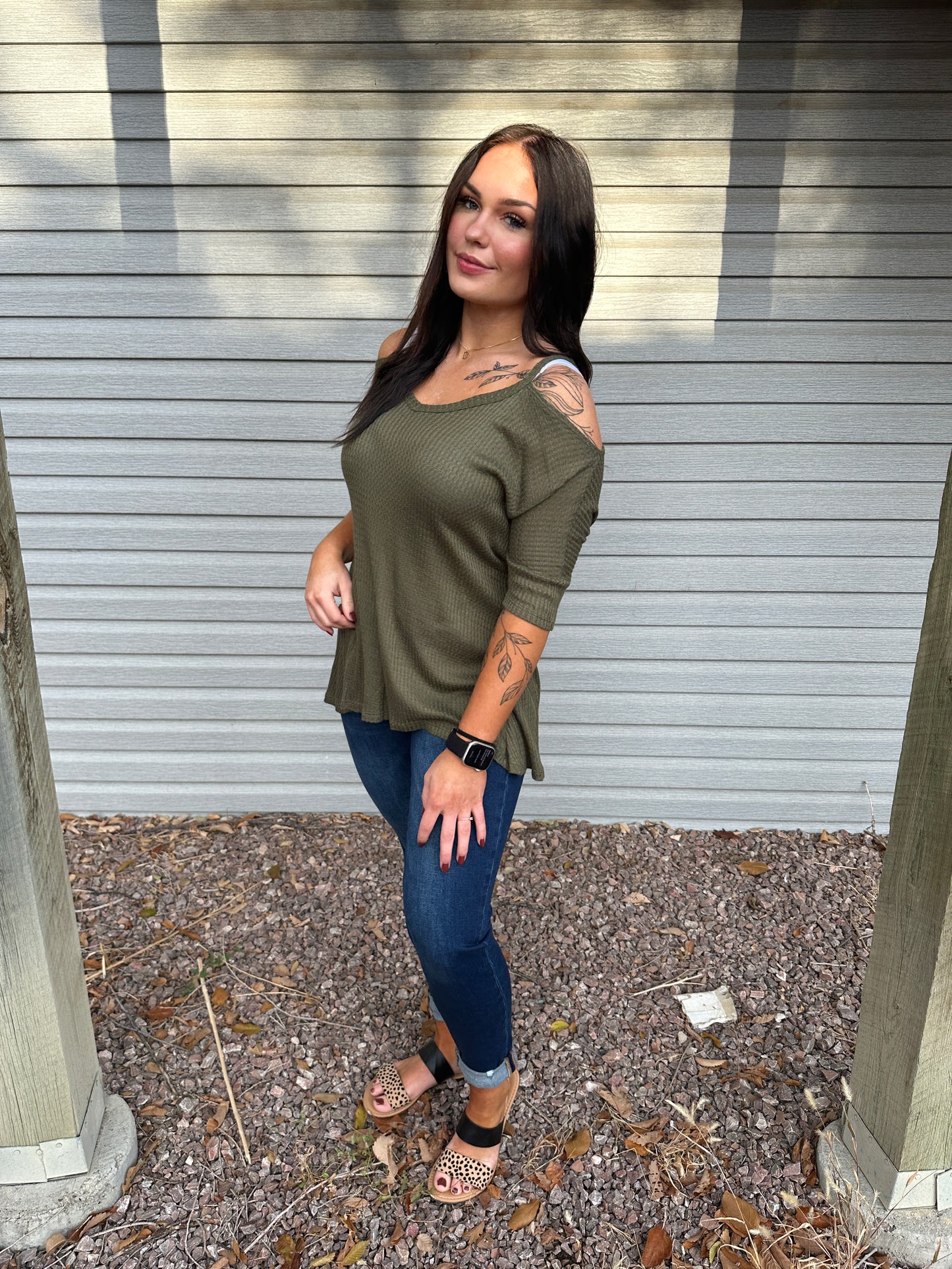 Green Knit Off The Shoulder Top